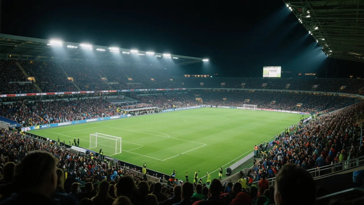绿茵场与灯光下的球迷氛围